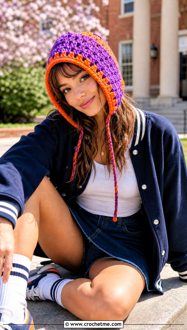 Two Tone Crochet Bonnet With Varsity Jacket - 25 Easy Crochet Bonnet outfit ideas