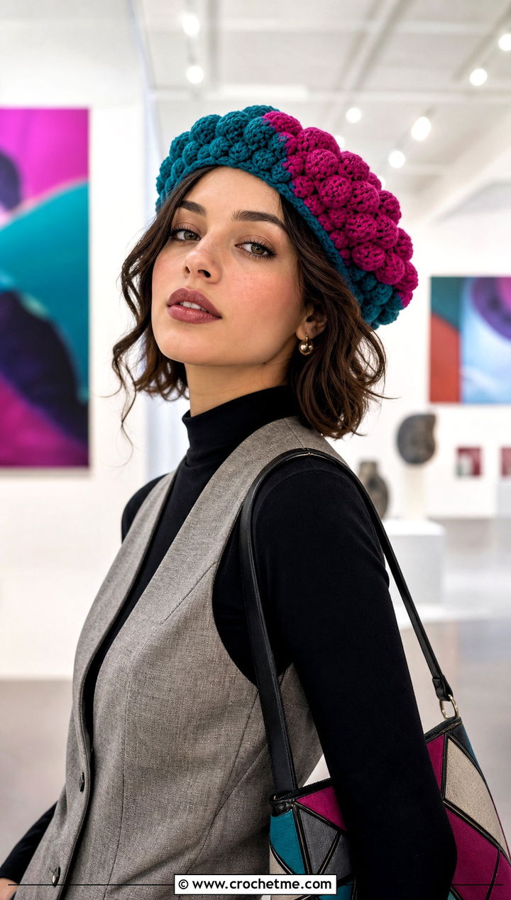 Two Tone Crochet Bubble Tam With Vest And Trousers - 20 Crochet Bubble Hat outfit ideas