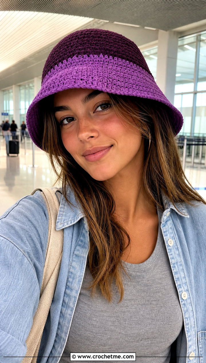 Two Tone Crochet Bucket Hat With Airport Lounge Set - 30 summer crochet bucket hat outfit ideas