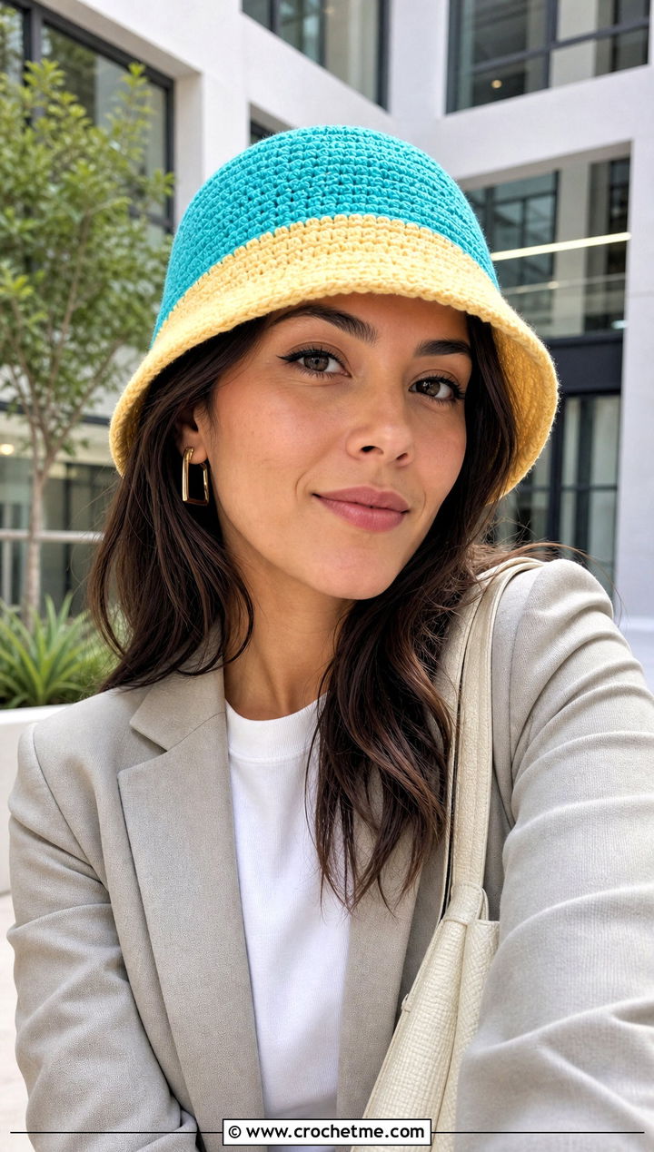 Two Tone Crochet Bucket Hat With Blazer And Trousers - 30 easy crochet bucket hat outfit ideas