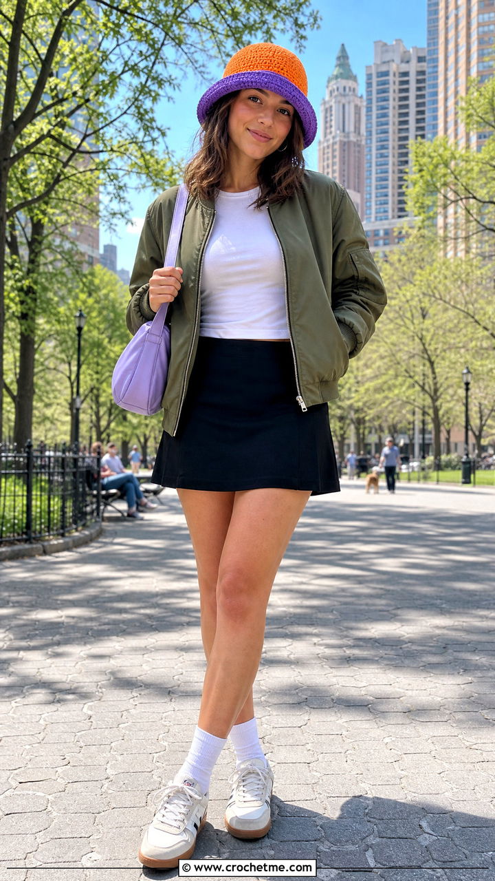 Two Tone Crochet Bucket Hat With Bomber Jacket And Mini Skirt - 35 crochet bucket hats outfit ideas
