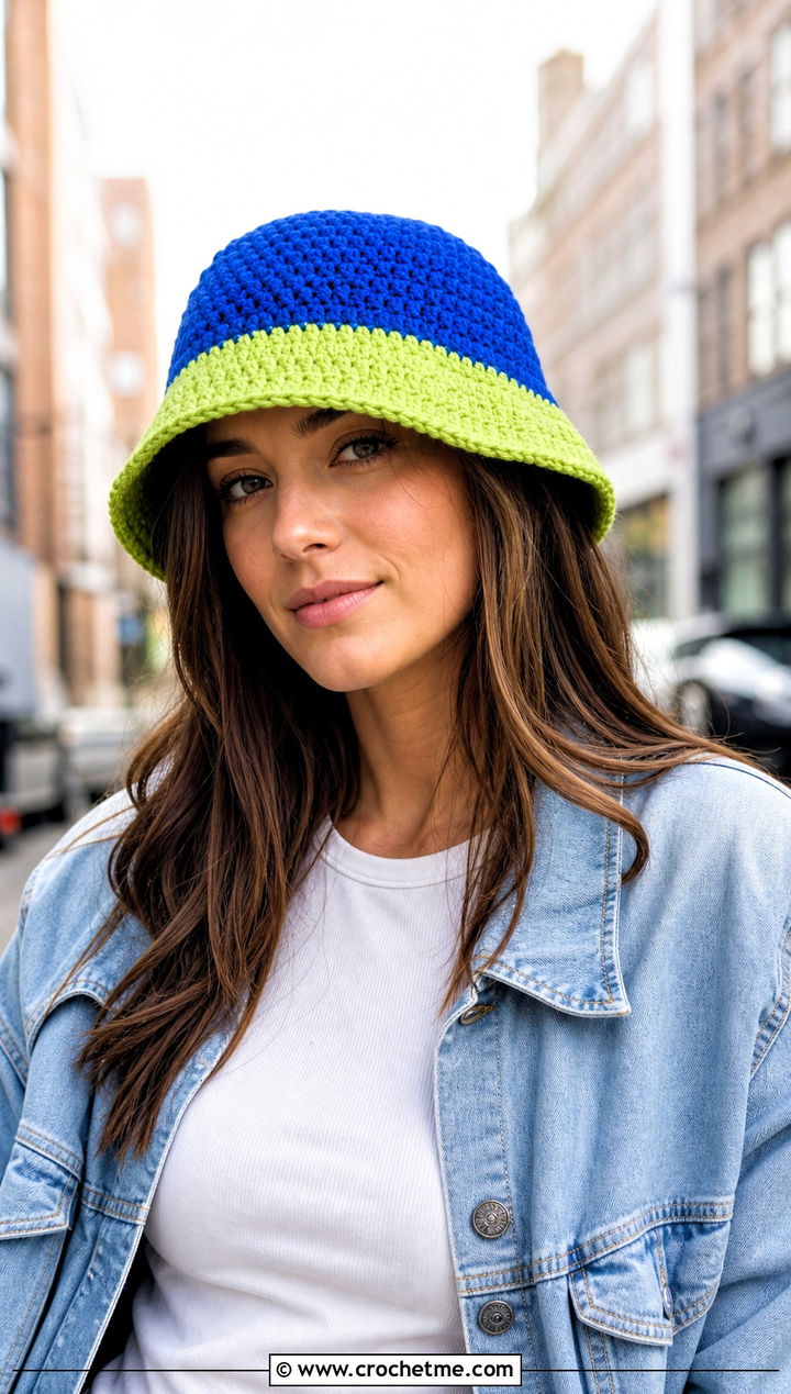 Two Tone Crochet Bucket Hat With Denim Jacket - 30 Two Colors Crochet Hat outfit ideas
