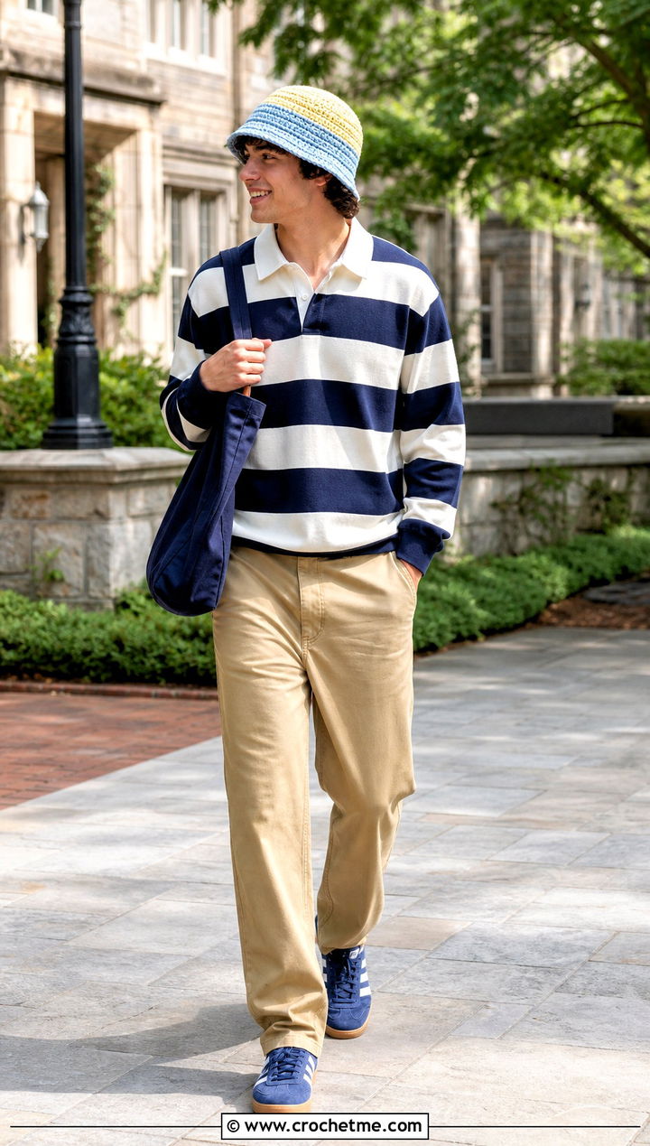 Two Tone Crochet Bucket Hat With Rugby Shirt - 35 men crochet bucket hat outfit ideas