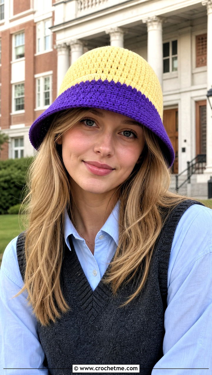 Two Tone Crochet Bucket Hat With Sweater Vest - 25 crocheting bucket hat outfit ideas