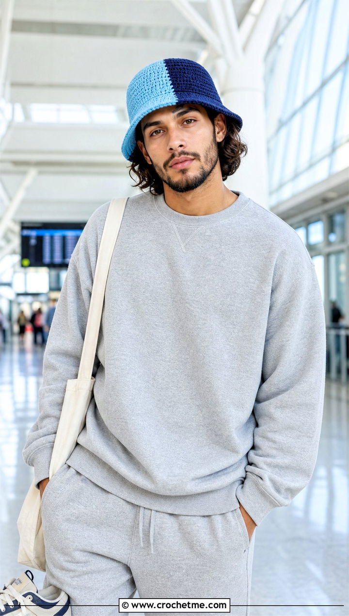 Two Tone Crochet Bucket Hat With Sweatshirt And Matching Joggers - 30 crochet bucket hat men outfit ideas