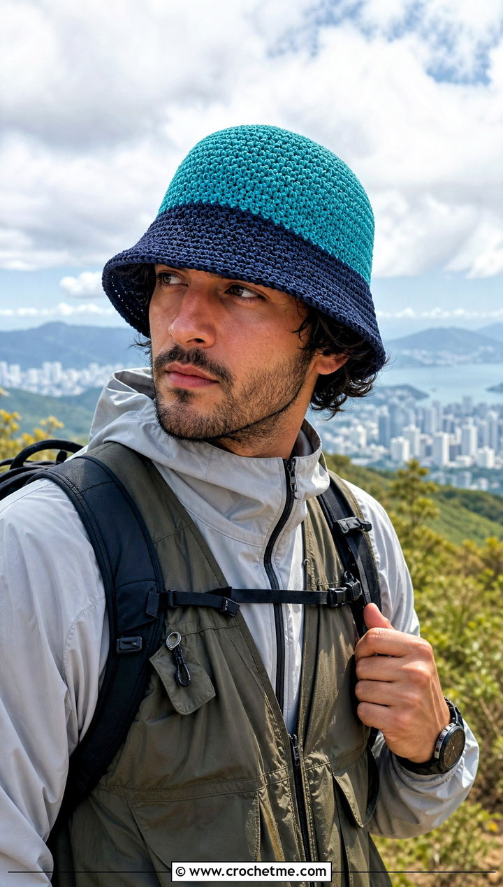Two Tone Crochet Bucket Hat With Utility Vest And Technical Pants - 15 men's crochet bucket hat outfit ideas