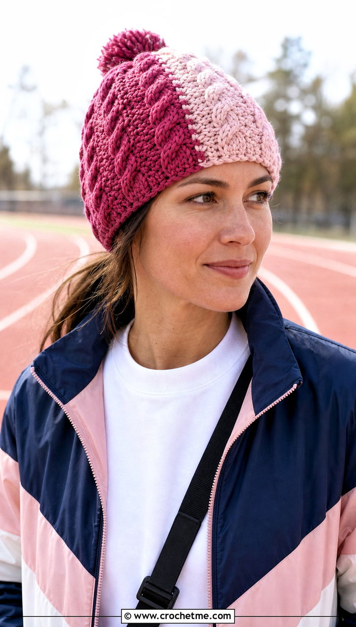 Two Tone Crochet Cable Beanie With Colorblock Jacket - 25 crochet cable beanie outfit ideas