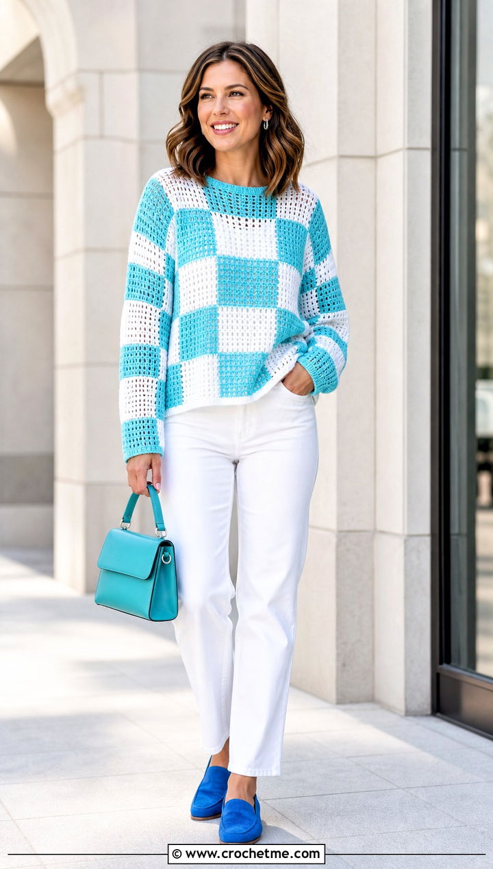 Two Tone Crochet Checker Sweater With White Jeans - 25 Crochet Checker Sweater outfit ideas