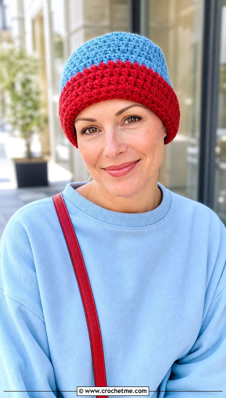 Two Tone Crochet Chemo Beanie With Colorblock Outfit - 20 Easy Crochet Chemo Hats outfit ideas