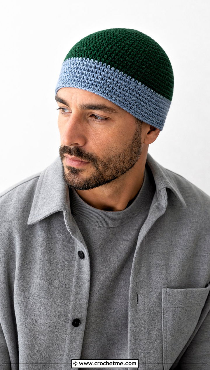 Two Tone Crochet Chemo Cap With Monochrome Outfit - 25 Crochet Chemo Caps For Men outfit ideas