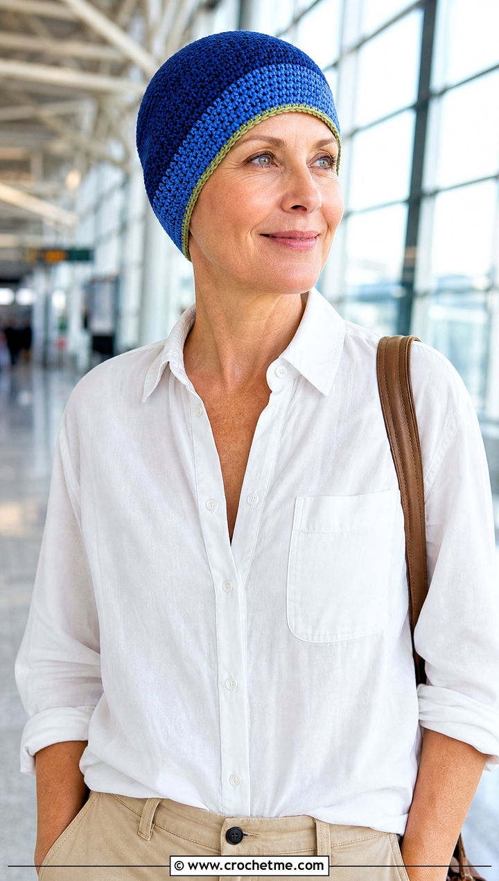 Two Tone Crochet Chemo Cap With Shirt And Chinos - 20 Crochet Summer Chemo Caps outfit ideas