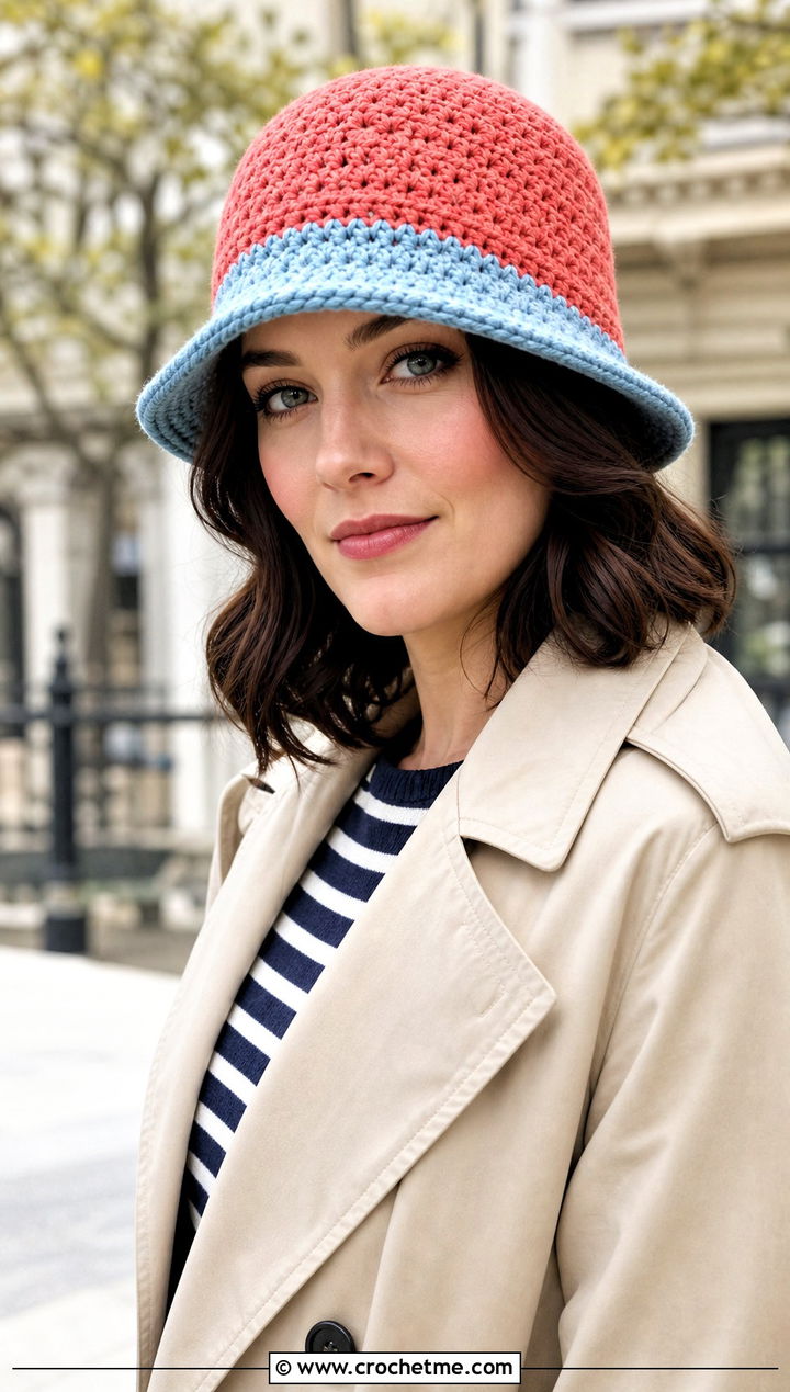 Two Tone Crochet Cloche Hat With Trench Coat - 30 Two Colors Crochet Hat outfit ideas