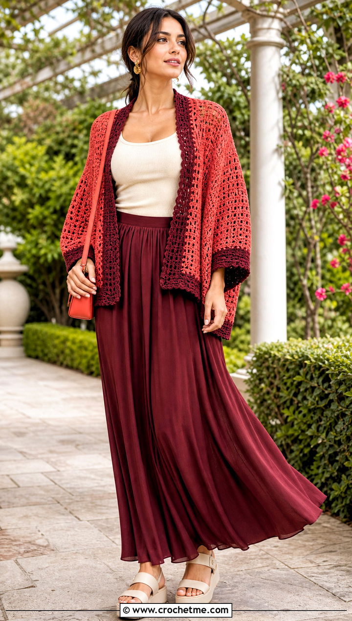 Two Tone Crochet Cocoon Shrug With Maxi Skirt - 30 crochet cocoon shrug outfit ideas