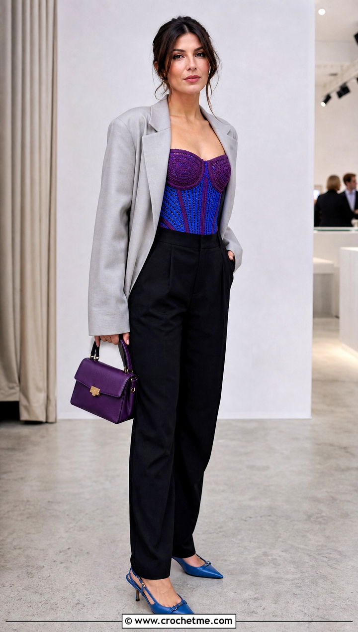 Two Tone Crochet Corset Top With Relaxed Blazer - 25 Crochet Two Tone Top outfit ideas