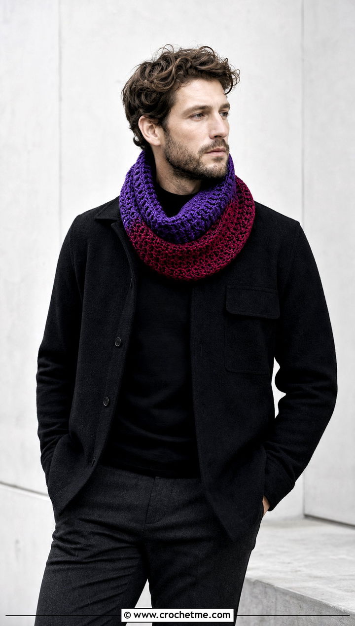 Two Tone Crochet Cowl With Monochrome Outfit - 30 crochet cowl for men outfit ideas