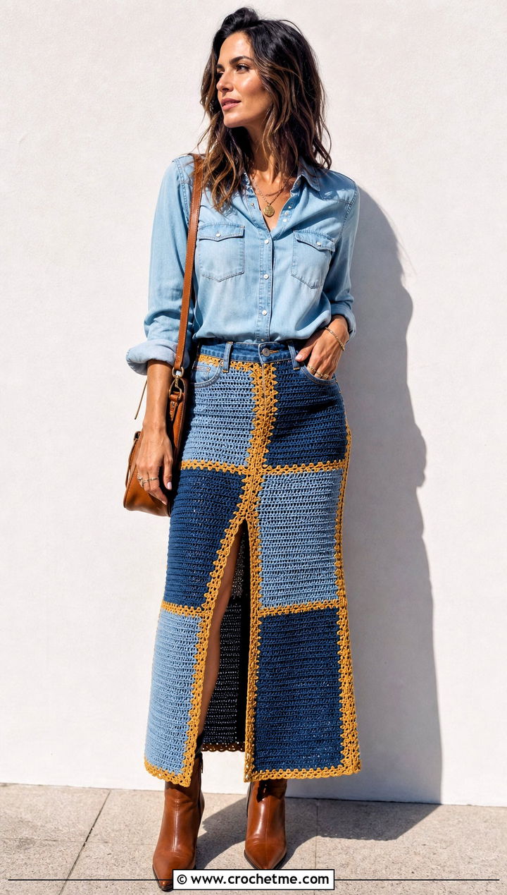 Two Tone Crochet Denim Skirt With Denim Shirt - 30 denim crochet skirt outfit ideas