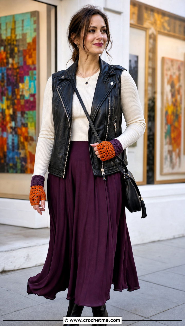 Two Tone Crochet Driving Gloves With Moto Vest And Maxi Skirt - 25 Crochet Driving Gloves outfit ideas