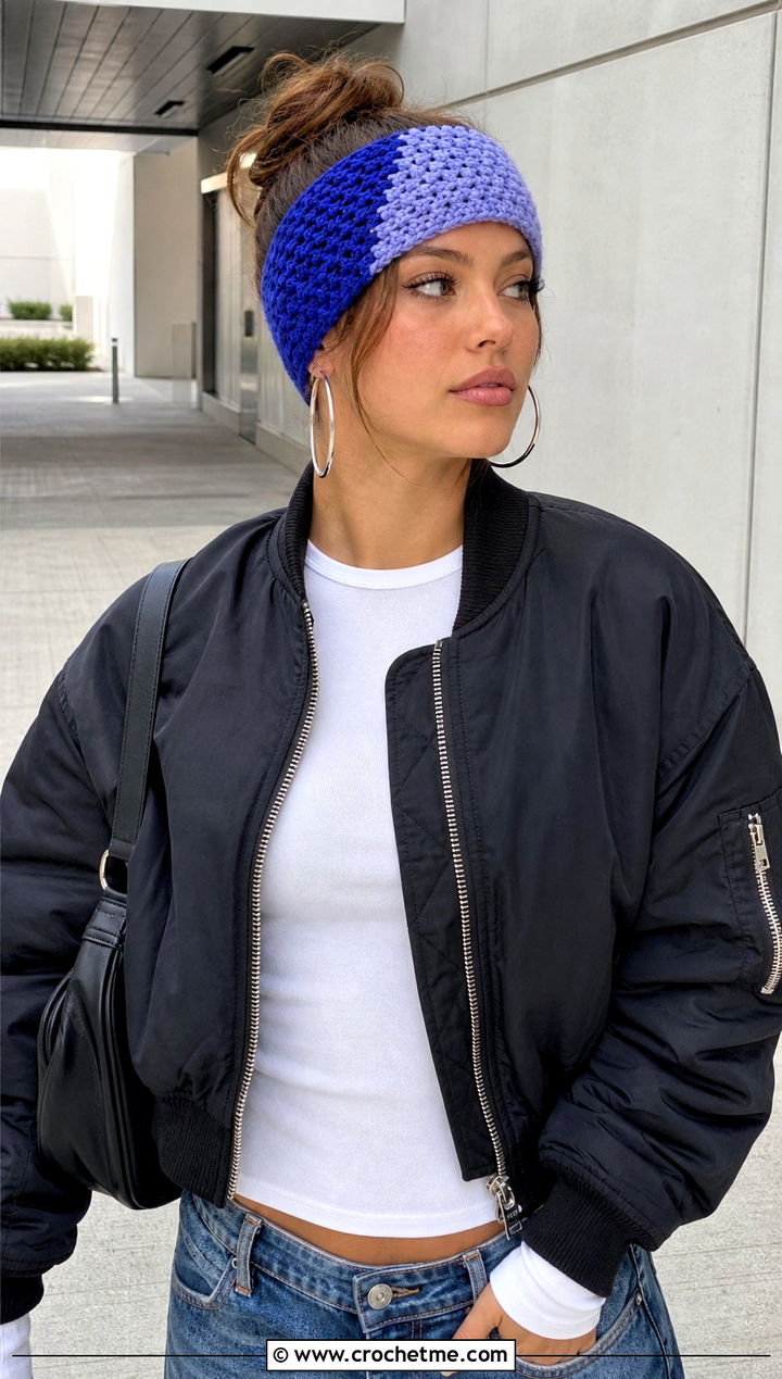 Two Tone Crochet Ear Warmer With Bomber Jacket - 25 Beginner Crochet Ear Warmer outfit ideas