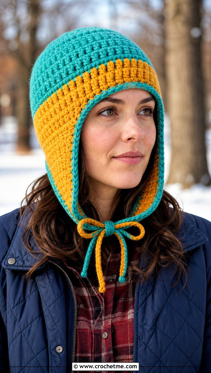 Two Tone Crochet Earflap Hat With Quilted Jacket - 30 Two Colors Crochet Hat outfit ideas