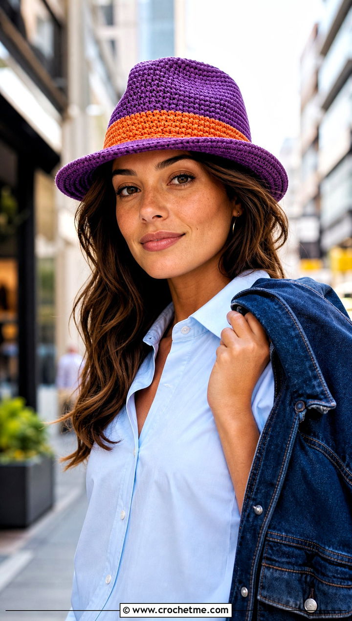 Two Tone Crochet Fedora Hat With Wide Leg Jeans - 30 Two Colors Crochet Hat outfit ideas