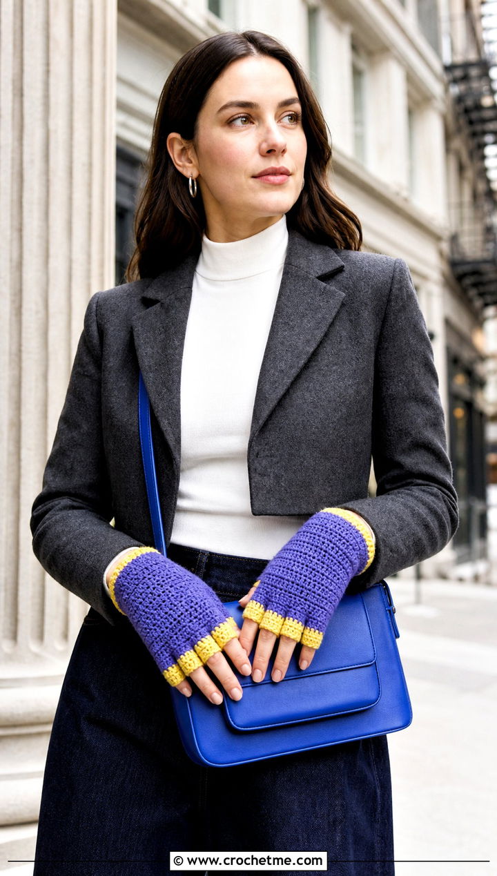 Two Tone Crochet Finger Gloves With Wide Leg Jeans - 35 crochet gloves fingers outfit ideas