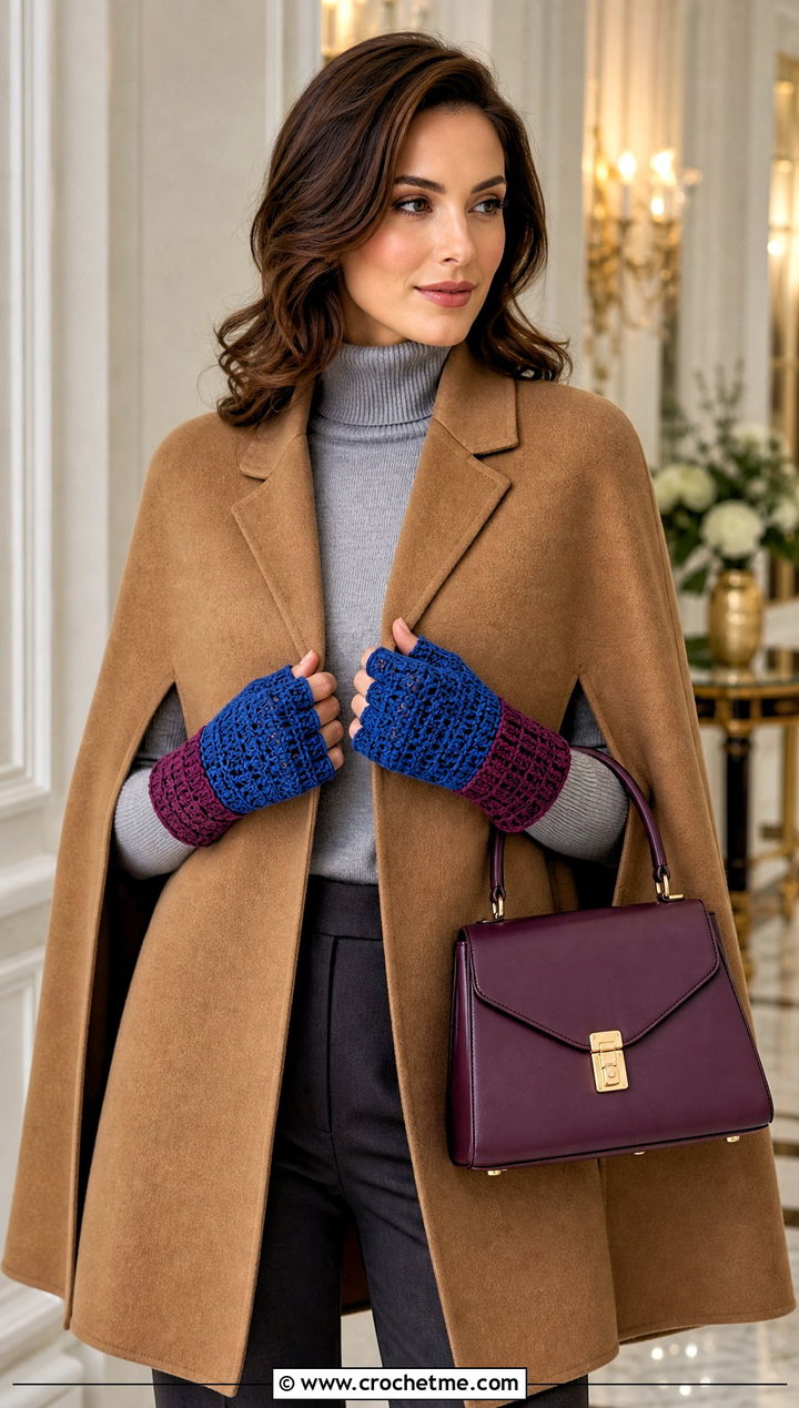 Two Tone Crochet Fingerless Gloves With Cape And Tailored Pants - 25 Simple Crochet Fingerless Gloves outfit ideas
