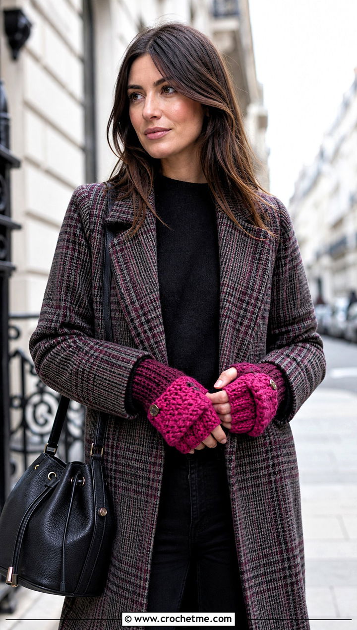 Two Tone Crochet Fingerless Gloves With Flap And Plaid Coat - 30 crochet fingerless gloves with flap outfit ideas