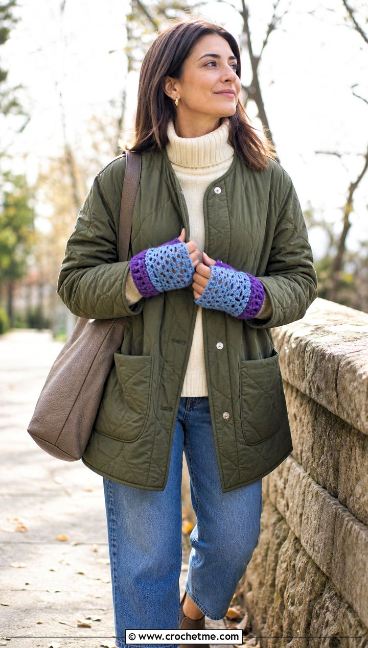 Two Tone Crochet Fingerless Mittens With Quilted Jacket - 25 crochet fingerless mittens outfit ideas