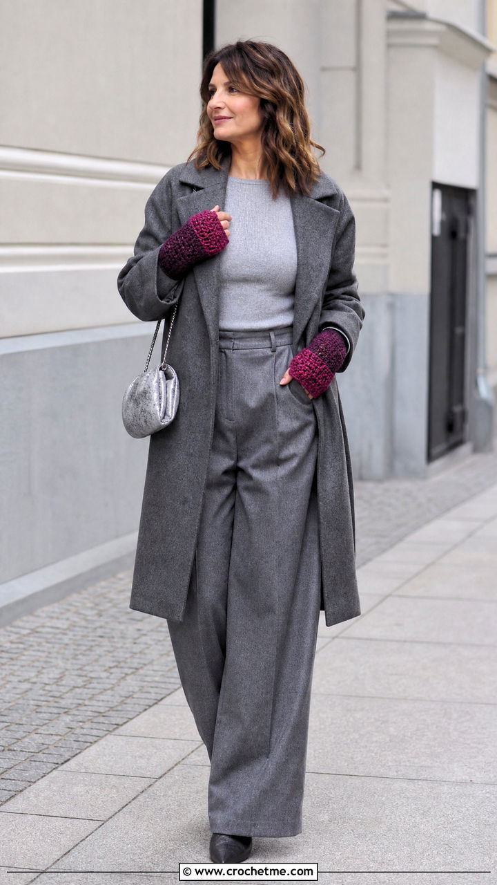 Two Tone Crochet Fingerless Mitts With Monochrome Outfit - 35 crochet hand warmers outfit ideas