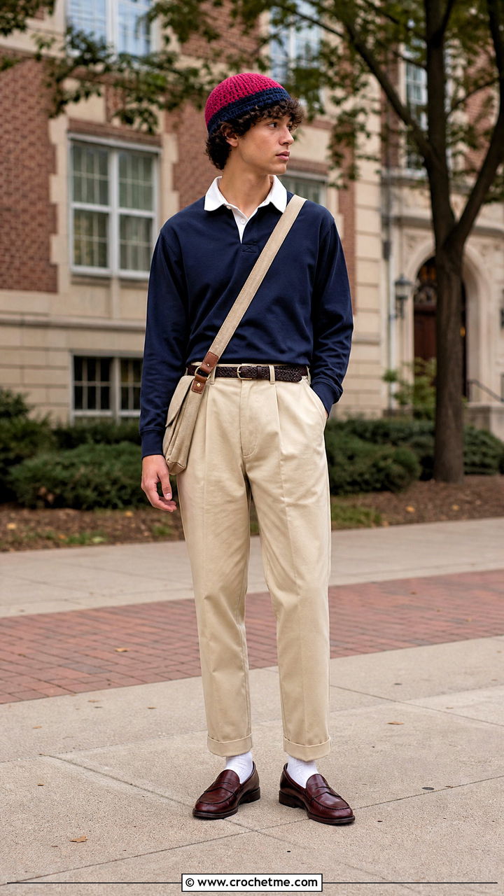 Two Tone Crochet Fisherman Beanie With Rugby Shirt And Chinos - 35 crochet fisherman beanie outfit ideas