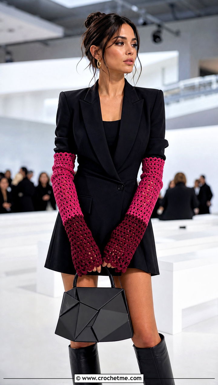 Two Tone Crochet Gauntlets With Blazer Dress - 30 crochet hand mittens outfit ideas
