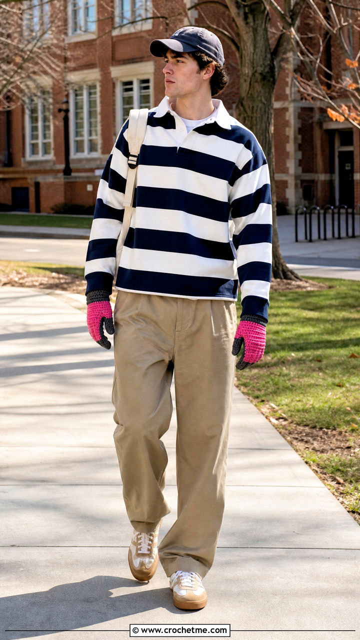 Two Tone Crochet Gloves With Rugby Shirt - 35 crochet gloves for men outfit ideas