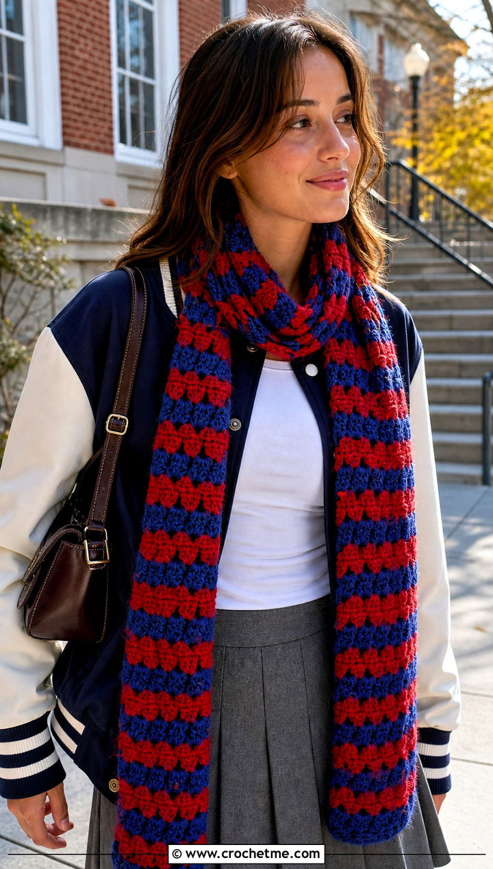 Two Tone Crochet Granny Stitch Scarf With Varsity Jacket - 30 crochet granny stitch scarf outfit ideas