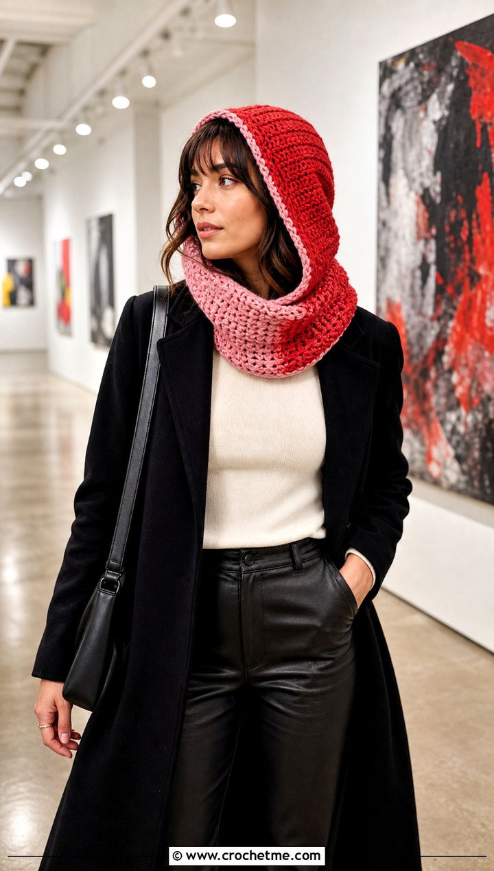 Two Tone Crochet Hooded Cowl With Leather Pants - 30 easy crochet hooded cowl outfit ideas
