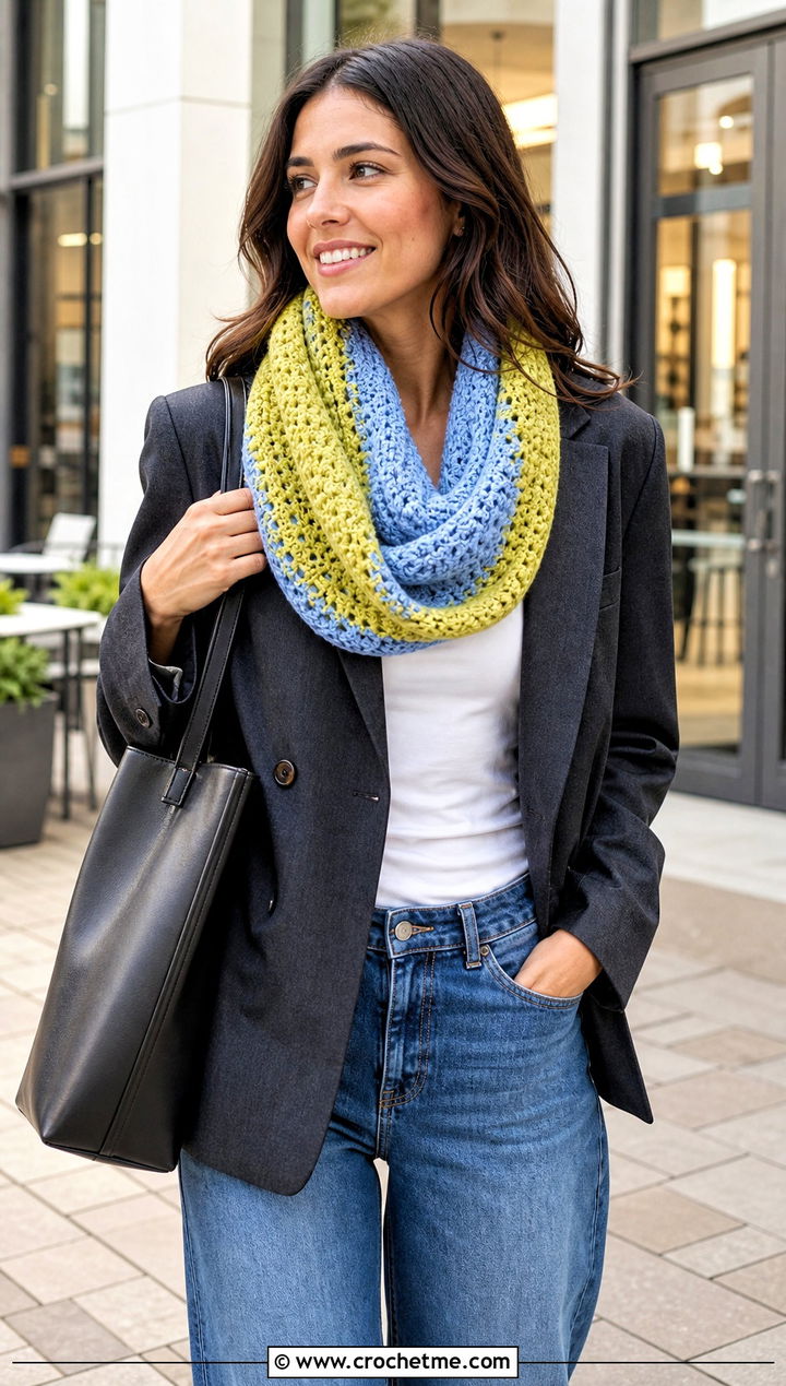 Two Tone Crochet Infinity Scarf With Blazer And Jeans - 30 crochet infinity scarves outfit ideas