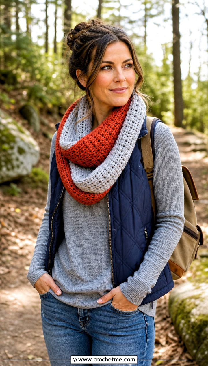 Two Tone Crochet Infinity Scarf With Quilted Vest - 25 infinite crochet scarf outfit ideas