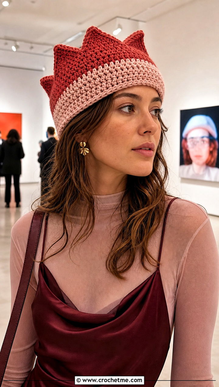 Two Tone Crochet Jughead Beanie With Satin Slip Dress - 15 Crochet Jughead Beanie outfit ideas