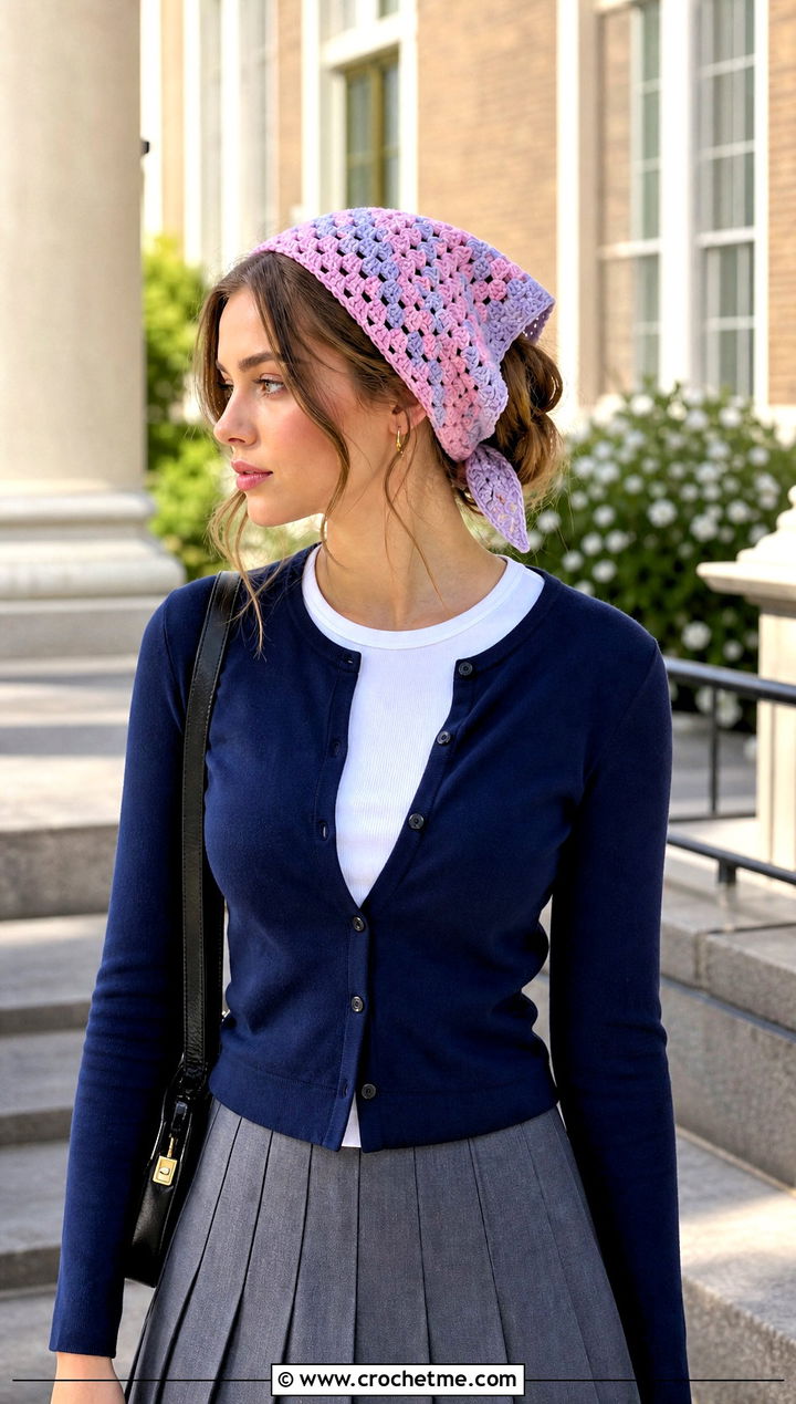 Two Tone Crochet Kerchief With Preppy Cardigan - 30 mini crochet scarf outfit ideas