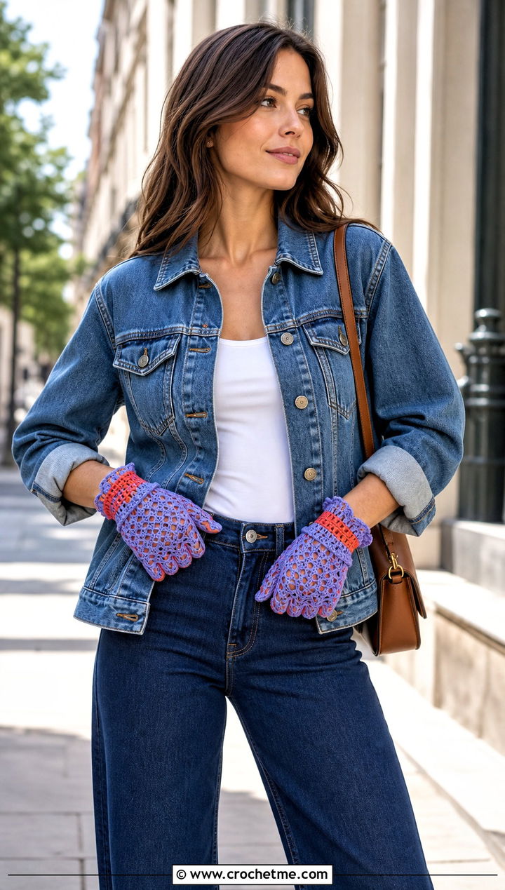 Two Tone Crochet Lace Gloves With Double Denim - 30 crochet lace gloves outfit ideas