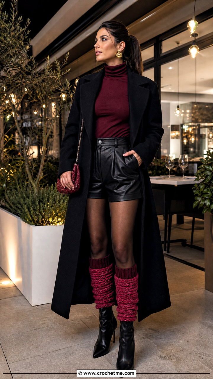 Two Tone Crochet Leg Warmers With Leather Shorts And Turtleneck - 35 crochet leg warmer outfit ideas