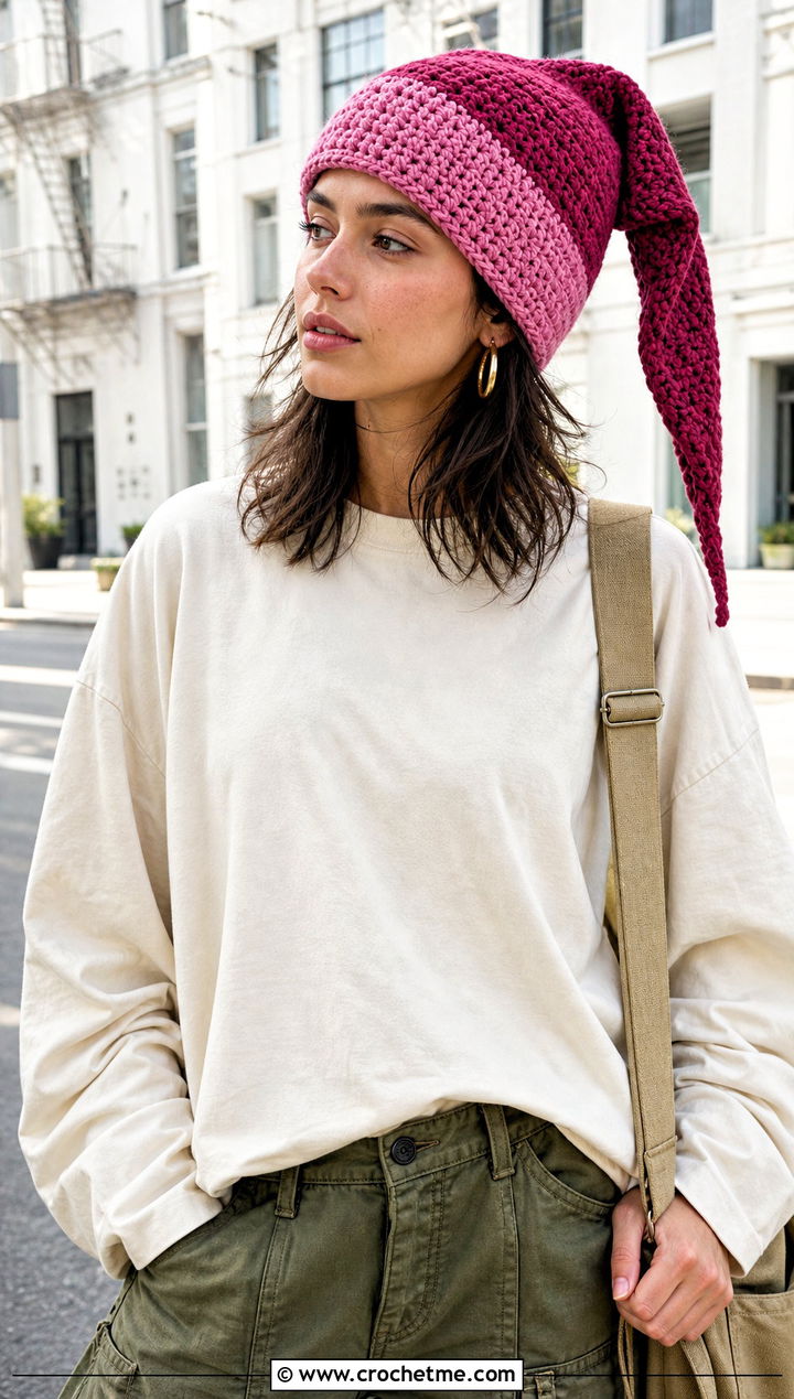 Two Tone Crochet Link Hat With Cargo Pants - 30 crochet link hat outfit ideas