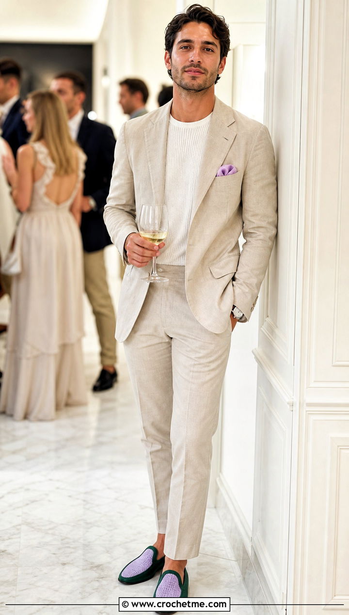 Two Tone Crochet Loafer Slippers With Casual Suit - 35 mens crochet slippers outfit ideas