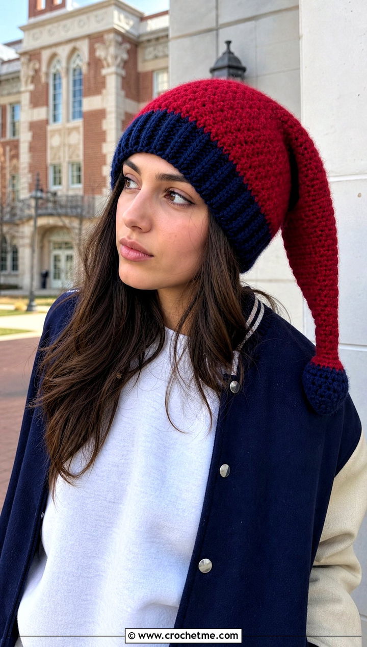 Two Tone Crochet Long Stocking Cap With Varsity Jacket - 20 Crochet Long Stocking Cap outfit ideas