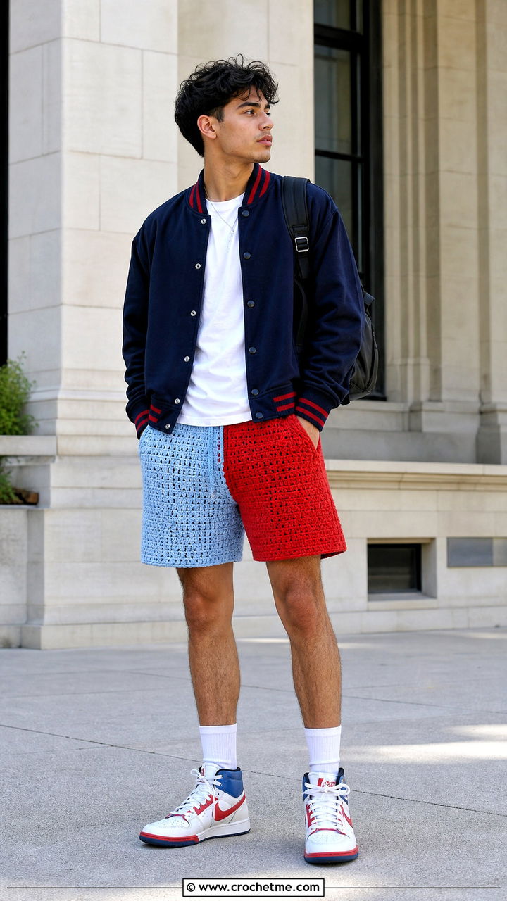 Two Tone Crochet Mens Shorts With Varsity Jacket - 35 Crochet Mens Shorts outfit ideas