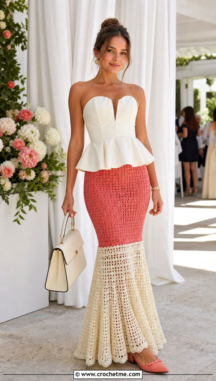 Two Tone Crochet Mermaid Skirt With Poplin Peplum Top - 35 crochet mermaid skirt outfit ideas