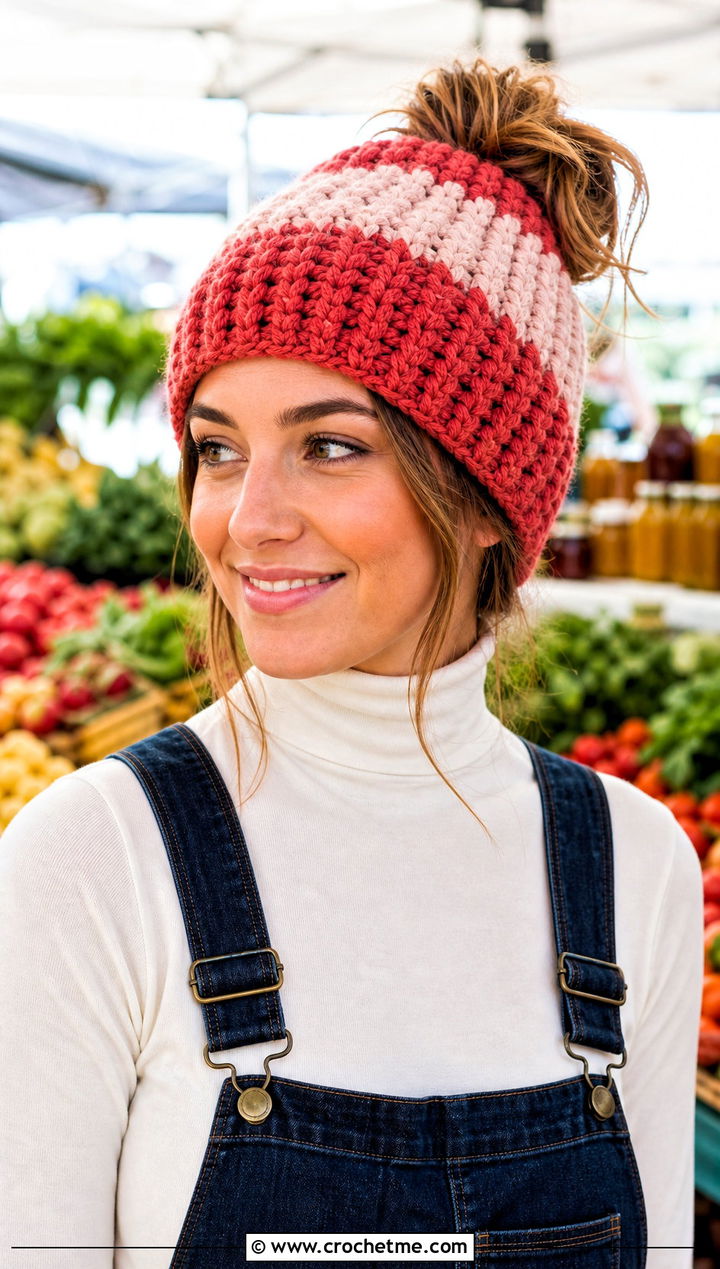 Two Tone Crochet Messy Bun Hat With Denim Overalls - 20 Crochet Messy Bun Hat Bulky Yarn outfit ideas
