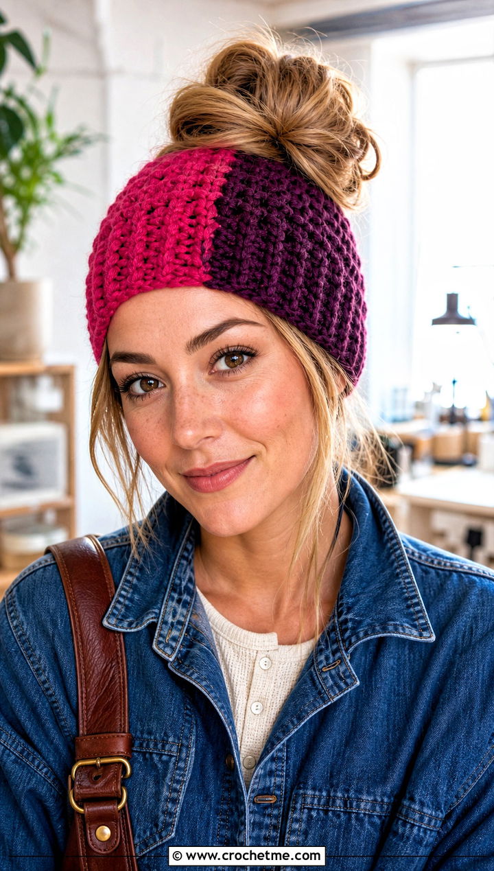 Two Tone Crochet Messy Bun Hat With Elastic And Denim Jumpsuit - 25 Crochet Messy Bun Hat With Elastic outfit ideas