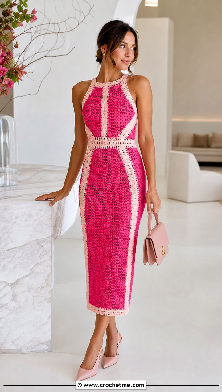 Two Tone Crochet Midi Dress With Tonal Bag - 35 Formal Crochet Dress outfit ideas