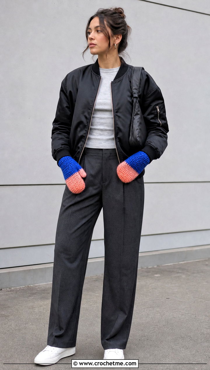 Two Tone Crochet Mittens With Bomber Jacket - 25 quick crochet mittens outfit ideas