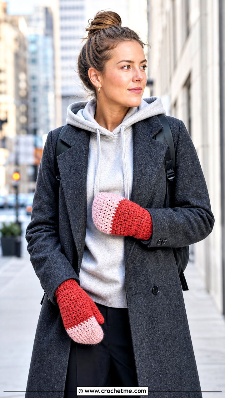Two Tone Crochet Mittens With Hoodie And Wool Overcoat - 25 Easy Crocheted Mittens outfit ideas